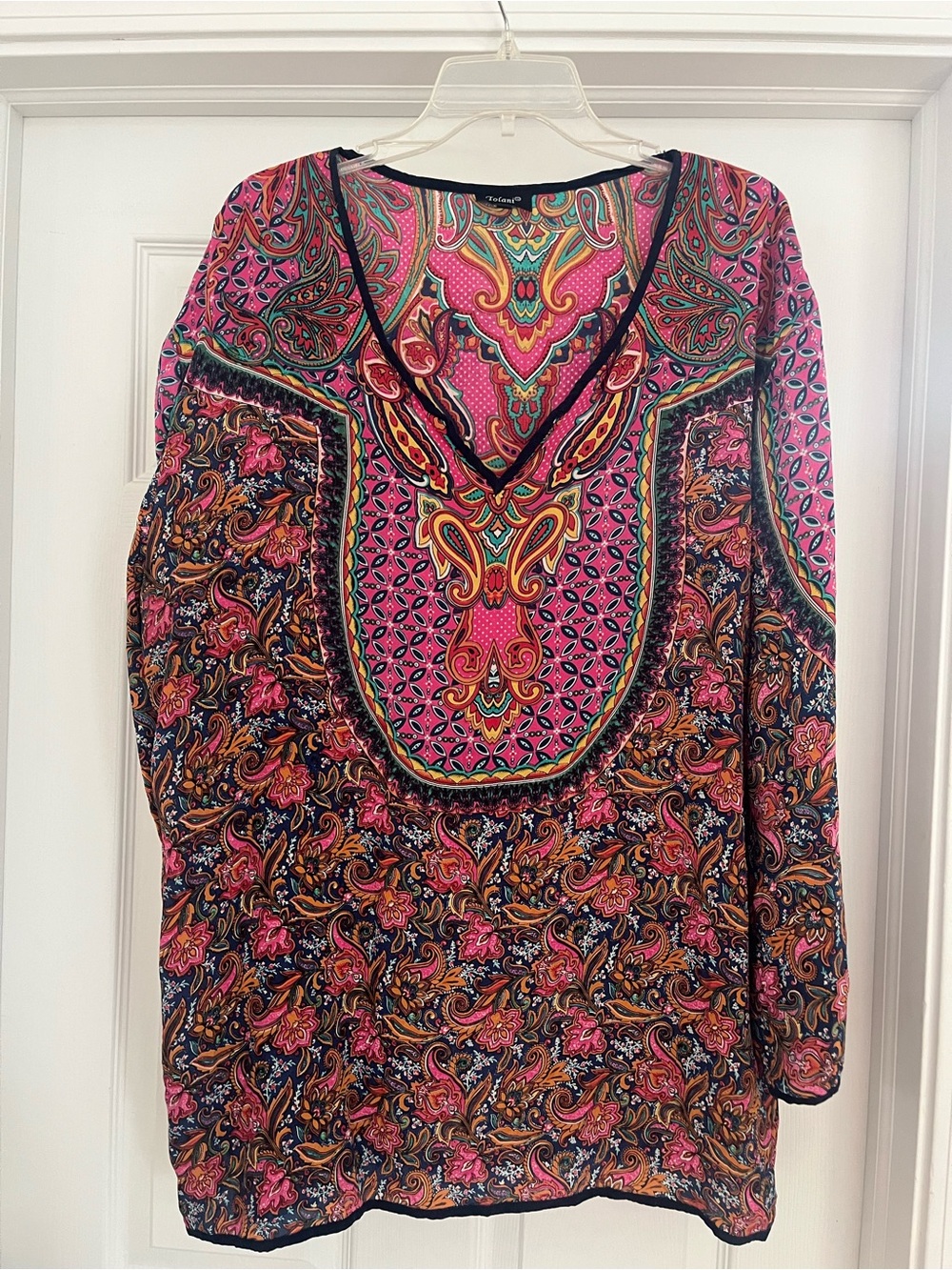 Tolani Pink Paisley Silk V-Neck Tunic with Multicolor Accents